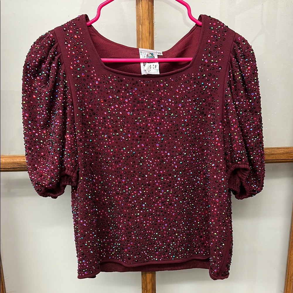 QUEEN OF SPARKLES Sequin Puff Sleeve Blouse